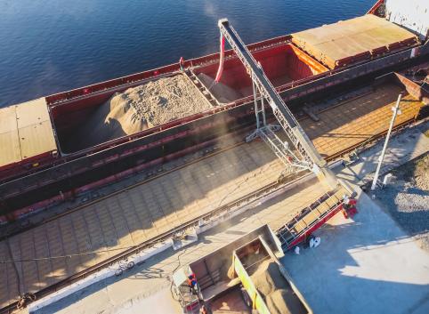 Grain being loaded onto a ship at a Ukrainian port