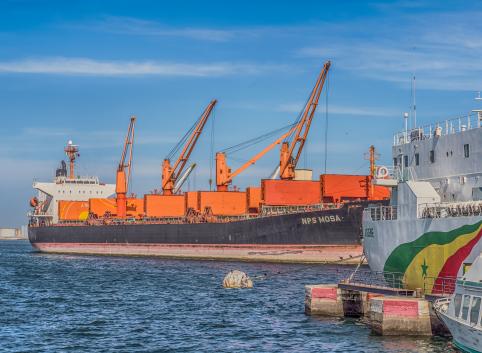 Big ship in port of Dakar in Senegal. Africa.