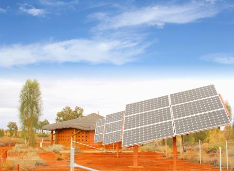 Solar panels, sun energy and electricity generation in desert, Africa.